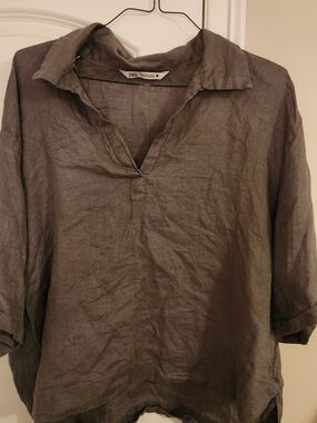 Zara Taupe Relaxed Linen V-Neck Blouse